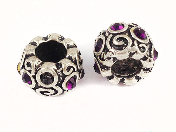 Perle 12 mm - Argent vieilli et strass violets - x 1