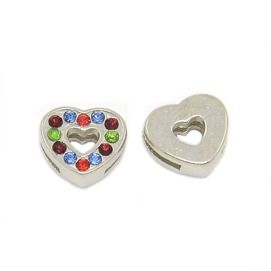 Passant pour lacet 8 mm - Coeur argenté et strass multicolores - x1  Ma Boutique de Perles