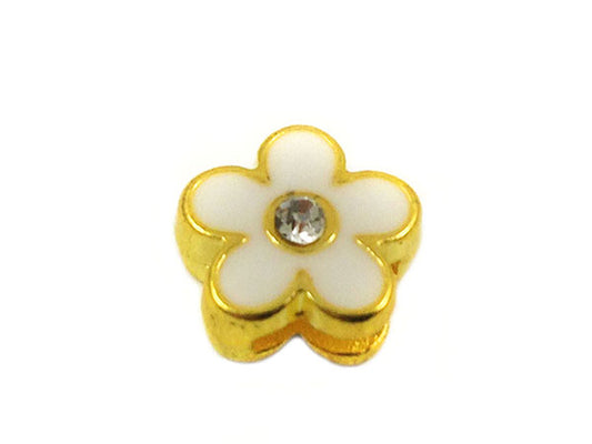 Passant pour lacet 8 mm - Motif fleur - Doré, émail blanc et strass - x 1  Ma Boutique de Perles