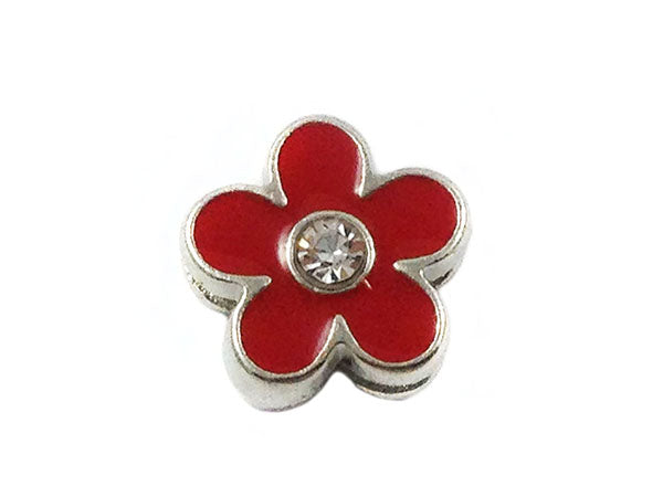 Passant pour lacet 8 mm - Motif fleur - Argenté, émail rouge et strass - x 1  Ma Boutique de Perles