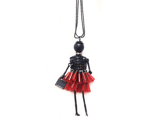 Collier avec pendentif poupée - Noir et rouge - x 1  Ma Boutique de Perles