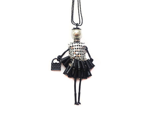 Collier avec pendentif poupée - Noir et argenté - x 1  Ma Boutique de Perles